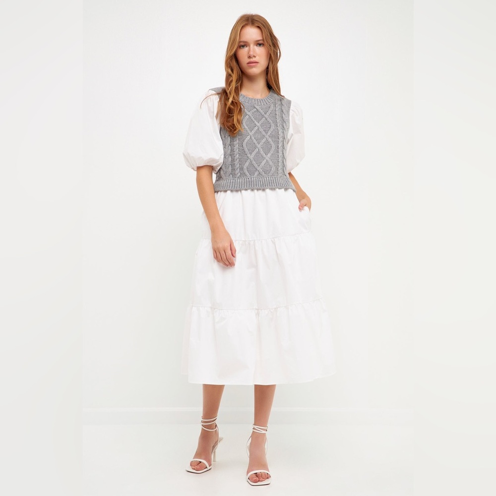 English Factory Mixed Media Cable Knit Down Midi Dress